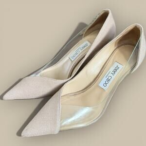 Jimmy Choo Cass 95 Linen & Vinyl Pump Heel Women's 37.5 Neutral Luxury Sz 7.5